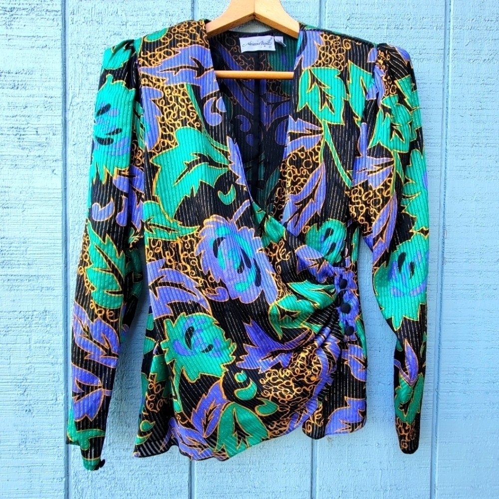 Adrianna Papell Vintage 90s Silk Metallic Floral Wrap Blouse size 8/10